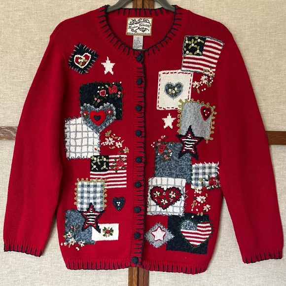 Heirloom Collectibles Vintage Cotton Knit Sweater Hearts Stars American Flags - Picture 1 of 15